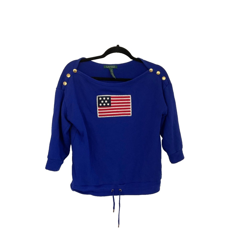 Lauren Ralph Lauren American Flag Sweater Womens Small Blue 3/4 Sleeve Pullover
